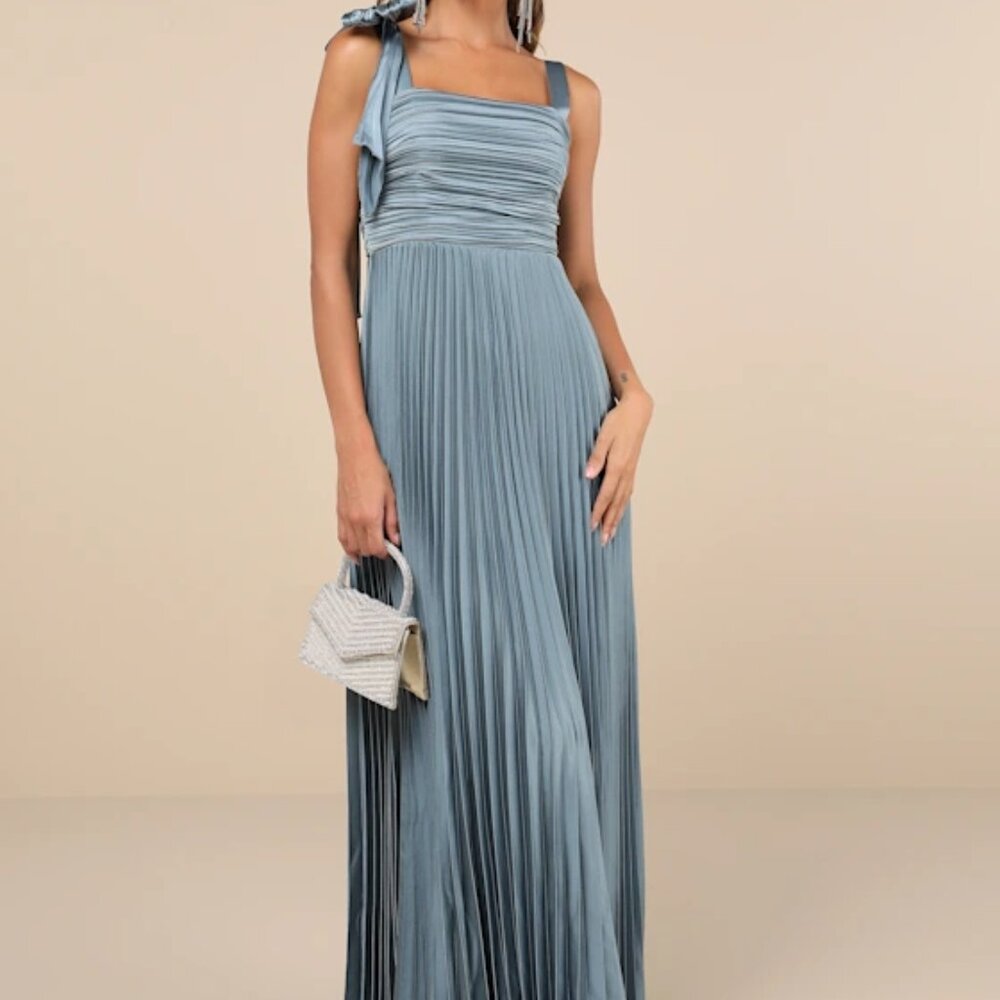 Lulus Gorgeous Purpose Slate Satin Pleated Sleeveless Bow Maxi Dress - L